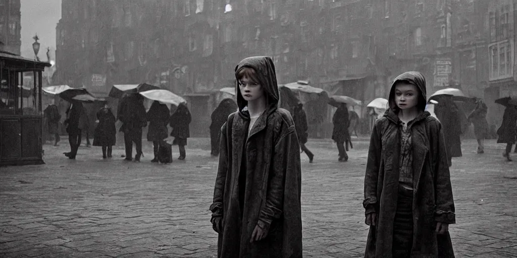 Image similar to medium shot | sadie sink in hoodie | lonely market stall selling umbrellas | in ruined square, pedestrians on both sides | steampunk tenement windows in background : 3 5 mm film, anamorphic, from schindler's list by steven spielberg. cyberpunk, cinematic atmosphere, detailed and intricate, perfect anatomy