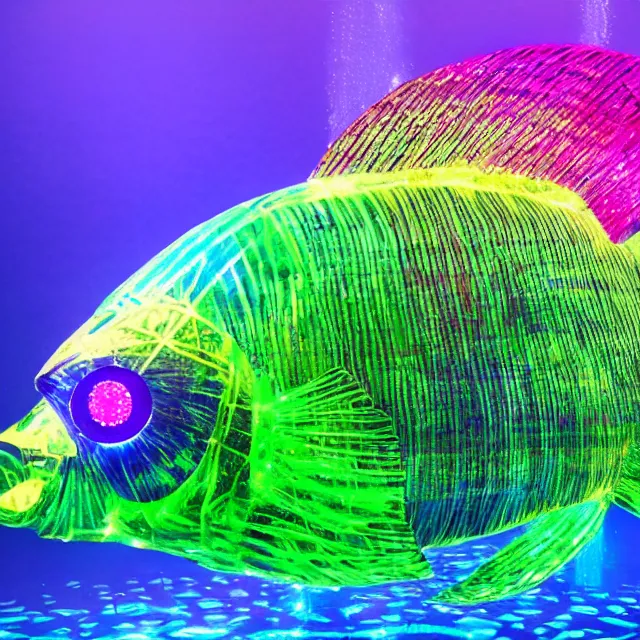 Prompt: megalophobia ultra detailed giant glowing rainbow crystal fish with laser eyes and a heart of gold