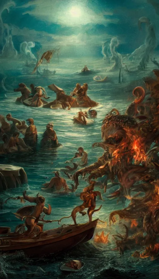 Image similar to man on boat crossing a body of water in hell with creatures in the water, sea of souls, with octane