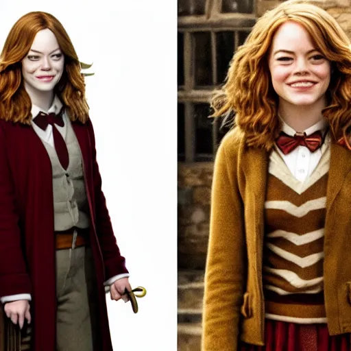 Prompt: emma stone as hermione granger in hogsmeade