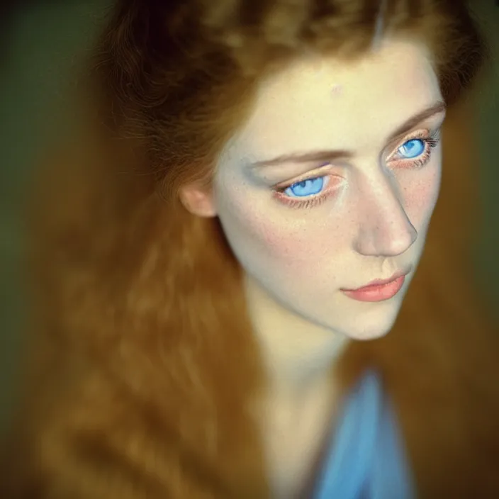 Prompt: Kodak Portra 400, 8K, soft light, volumetric lighting, highly detailed, britt marling style 3/4, view from above of close-up portrait photo of a beautiful woman, pre-Raphaelites painter, Huge blue eyes, with velvety brown lashes. girlish woman who looks extremely fragile and sickly, like a neurasthenic Victorian maiden. Hair is light brown in long curls; skin is pale. Pretty in a frivolous, invalid way. Gives the impression of being slight. , Realistic, Refined, Highly Detailed, natural outdoor soft pastel lighting colors scheme, outdoor fine art photography, Hyper realistic, photo realistic,warm lighting,