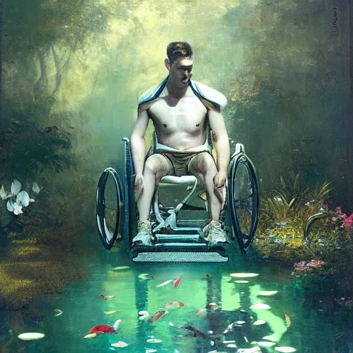 Prompt: handsome portrait of a wheelchair guy fitness posing, radiant light, caustics, war hero, smooth, one legged amputee, reflective koi pond, party balloons, white orchids, mushrooms, lush garden surroundings, by gaston bussiere, bayard wu, greg rutkowski, giger, maxim verehin