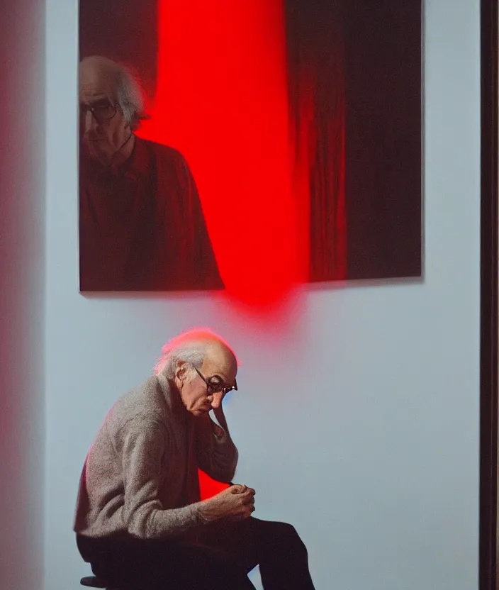 Prompt: a portrait of larry david crying, very aesthetic, cinematic and dramatic red light, in the style of edward hopper 4 k,