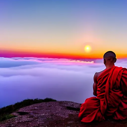Prompt: a monk training on top of a mountain, fog, midjourney style, sunset, beautiful