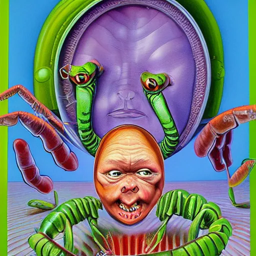 Prompt: beautiful lifelike painting of praying mantis garbage pail kid, hyperreal detailed facial features and uv lighting, art by ed roth and basil wolverton