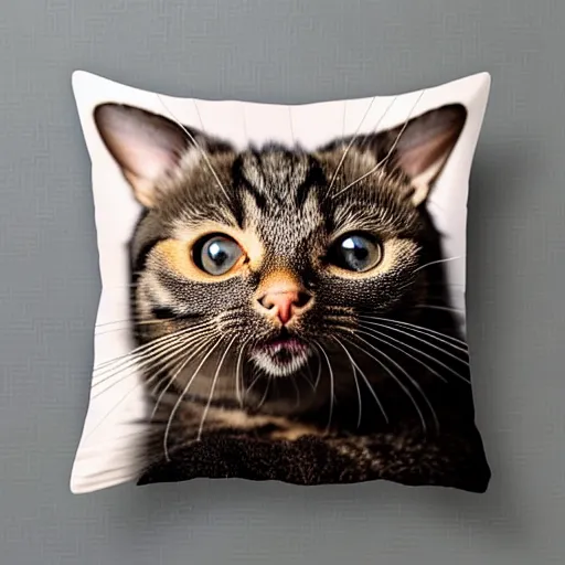 Prompt: a stunning professional photo of a cat pillow, ultra detail, hyperrealistic, beautiful, national geographic quality