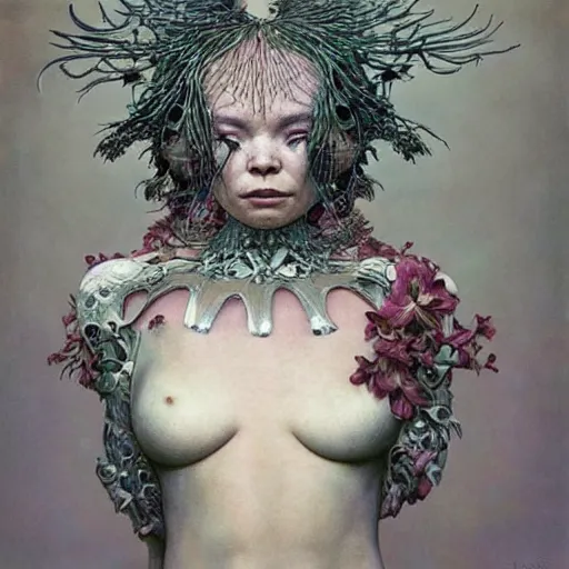 Image similar to bjork by zdzisław beksinski, iris van herpen, alexander mcqueen, raymond swanland and alphonse mucha. highly detailed, hyper - real, beautiful