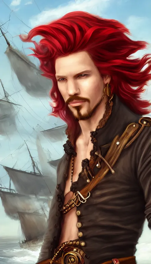 Prompt: portrait of a male pirate with flowing red hair!!!!!!, airship in the background!!!!!!, lean body!!, Steampunk!!!!!!!, D&D, fantasy, simple clothing!!!!, elegant, highly detailed, digital painting, artstation, concept art, sharp focus, illustration, art by Artgerm and Greg Rutkowski and Alphonse Mucha