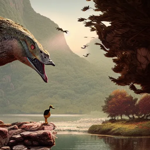 Prompt: a duck standing on a rock in the foreground, being eaten by a tyrannosaurus rex looming behind it intricate artwork by Tooth Wu and wlop and beeple and Dan Mumford. Octane render, trending on artstation, greg rutkowski very coherent artwork. Cinematic, hyper realism, high detail 8k