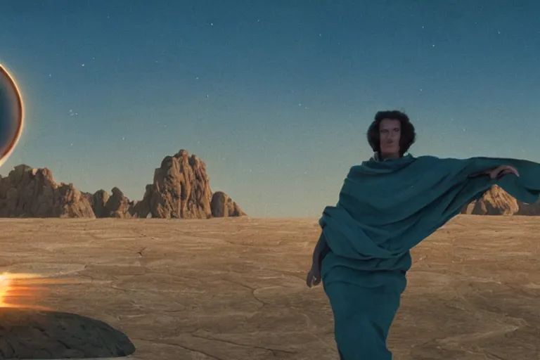 Prompt: levitating glowing bene gesserit in a dry rocky desert landscape, visible sky and sunny atmosphere, fata morgana giant mirrors, mega spaceships in the sky by alejandro jodorowsky, christopher doyle, anamorphic lens flares, kodakchrome, portra, cinematic composition, practical effects, 8 k,
