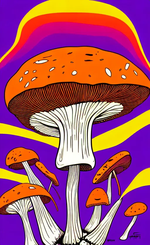 Image similar to psychedelic mushrooms wide angle shot, white background, vector art, illustration by frank frazetta