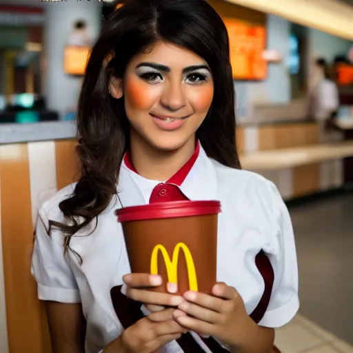 Image similar to 1 8 year old, mexican girl, brown hair brown eyes, in mcdonalds outfit, working, high quality, 8 k,