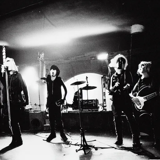 Image similar to punk band goths performing in a vast underground bunker, berlin 1 9 8 2, grainy high contrast black and white