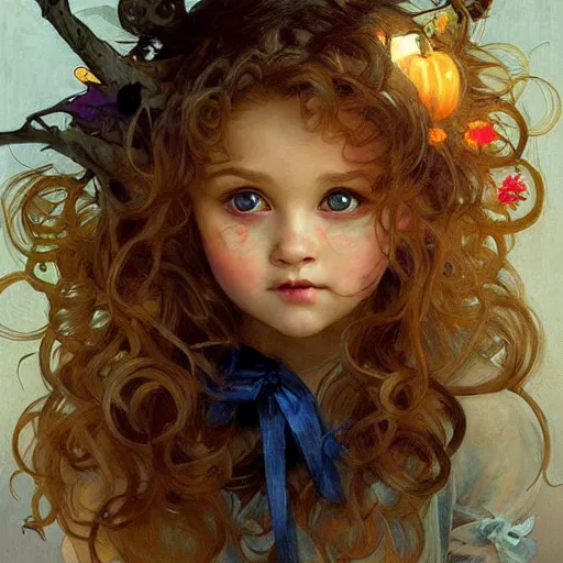 Image similar to a cute happy little girl with light brown wavy curly hair and blue eyes sitting amidst piles of halloween decorations. beautiful cute highly detailed face. halloween themed painting by artgerm and greg rutkowski and alphonse mucha.