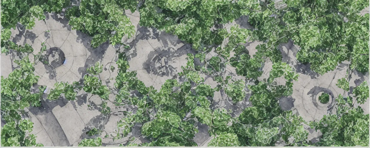 Image similar to drone view, delicate marble in a botanic garden, stony road, on a botanical herbarium paper, watercolor colored painting, iridescent colors, 8 k, realistic shaded, fine details, artstation, italian style, colonnade, vines, flowers, gardena architecture, pompeii