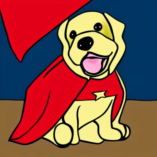 Prompt: cartoon of a super hero dog wearing a cape saving toys