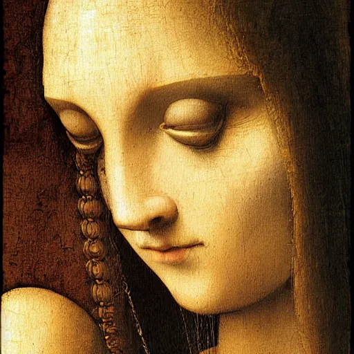 Image similar to a close up of a painting of a woman, a painting by leonardo da vinci, featured on deviantart, mannerism, da vinci, art, detailed painting