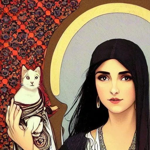 Prompt: cute emo moroccan woman, with long dark hair, thick eyebrows!!! dark eyes and dark circles!, wide nose!!!, big eyes, oval face shape, big cheeks!, she is holding a cat in her arms, by juan villafuerte, greg rutkowski and alphonse mucha, pexels contest winner, high quality photo, hd rtx