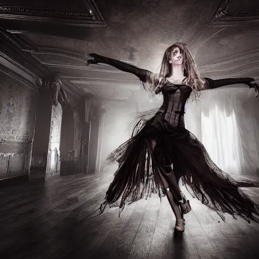 Prompt: digital matte painting of a woman dancing alone in a dark gothic style ballroom, dark dramatic mysterious luis royo, wlop 8 0 mm camera, high detail, hd 8 k