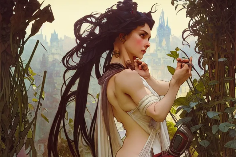 Image similar to ubermench, machiavellian garden, art by artgerm and greg rutkowski and alphonse mucha