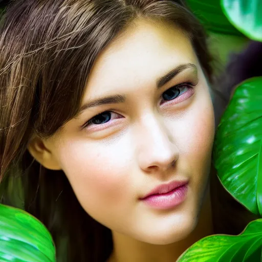 Image similar to a very beautiful!! young woman is posing for a photograph, petzval lens. symetric face. sharp face. in a tropical greenhouse. featured on flickr, art photography, photo taken with provia,