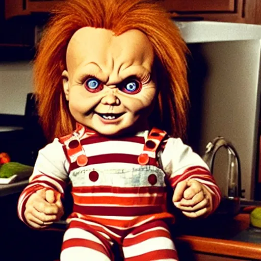 Image similar to chucky the killer doll standing on the kitchen table