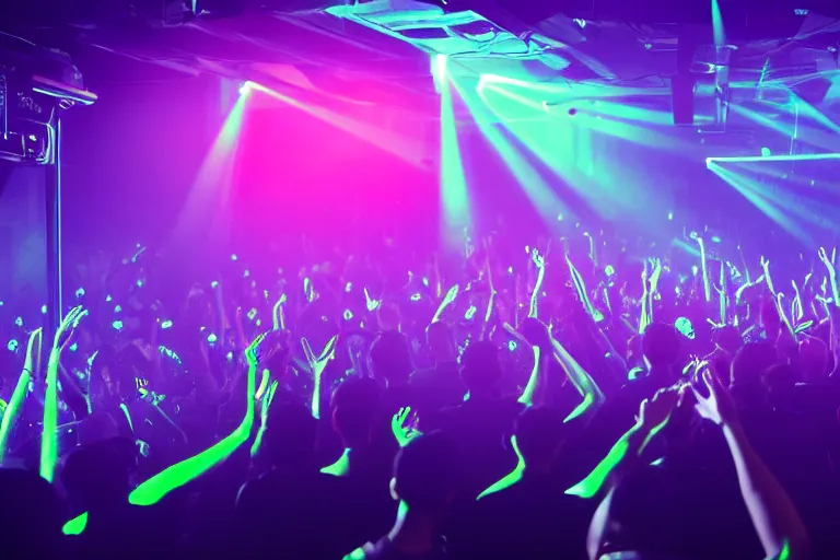 Image similar to dj on stage with raised hands looking over crowd partying with their hands up at a club, volumetric lighting, haze, moving heads light beams, spot lights, disco ball, silhouette, digital art, trending on artstation, 4k, unreal engine, intricate, ornate