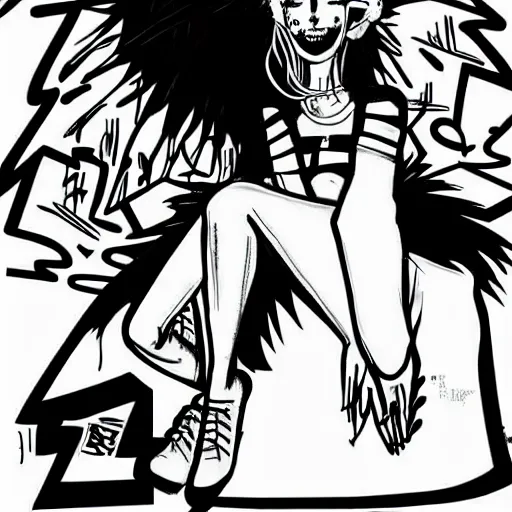 Prompt: zef design black and white color scheme, graffiti, cute characters, die antwoord