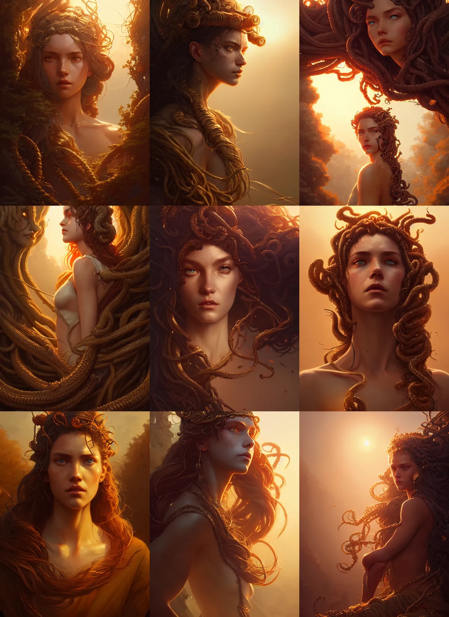 Prompt: detailed intricate digital illustration by greg rutkowski and artgerm and wlop and sanford robinson gifford ; medusa 1 3 mm film, arri alfa anamorphic lens ; sharp focus, golden hour lighting, trending on artstation 4 k