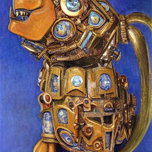 Image similar to masterpiece sculpture of an ornate bejeweled robot cat head, by annie swynnerton and diego rivera and nicholas roerich and jean delville, symbolist, dramatic lighting, god rays, elaborate geometric ornament, art brut, rich colors, smooth, sharp focus, extremely detailed, adolf wolfli and ( donato giancola )