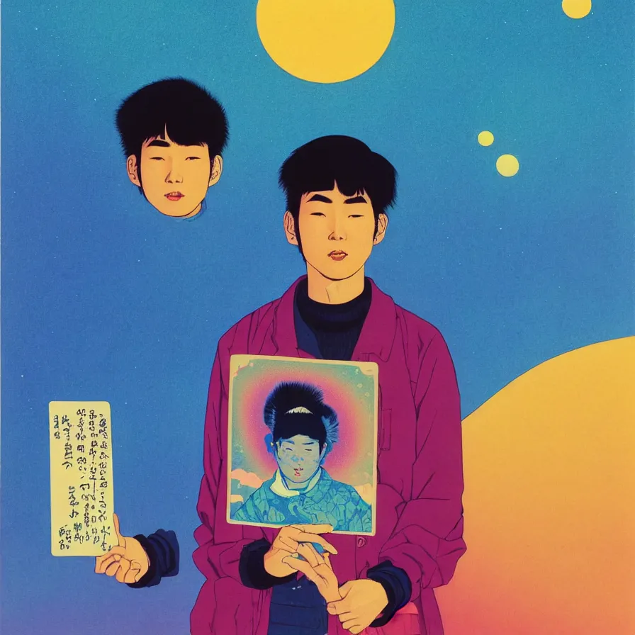 Prompt: a retro portrait of a young asian man holding a colorful blotter paper of lsd acid and dreaming psychedelic hallucinations in the vast icy landscape of antarctica, by soul bass, kawase hasui, moebius and edward hopper, colorful flat surreal design, xray hd, 8 k, artstation