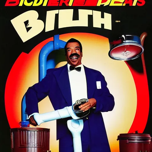 Prompt: a 8 0's movie poster starring eddie murphy as a plumber for rich people holding a toliet plunger in a bathroom. the movie is titled beverly hills crap