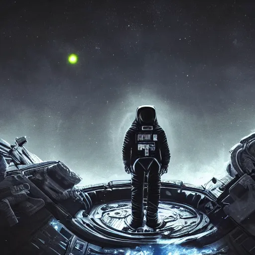 Image similar to ultra realistic, astronaut looking up at big eerie hell space cathedral on a destroyed planet with an obsidian vortex floating in the sky above in an eerie realistic art style, black background, occult, photo realistic, dark atmosphere