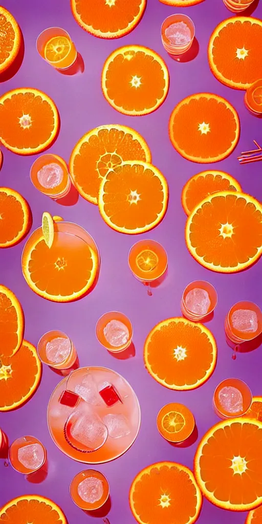 Prompt: a seamless repeating pattern of campari cocktails and oranges, colourful, symmetrical, repeating 3 5 mm photography, in the style of toiletpaper magazine, surreal, high detail, photograph by slim aarons, wes anderson,