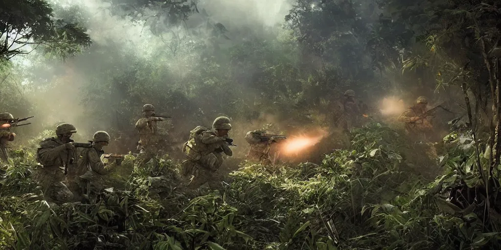 Prompt: a squad of american soldiers ambushed by the vietcong in the jungle illuminated by flare, beautiful, high contrast, cinematic, art by craig mullins