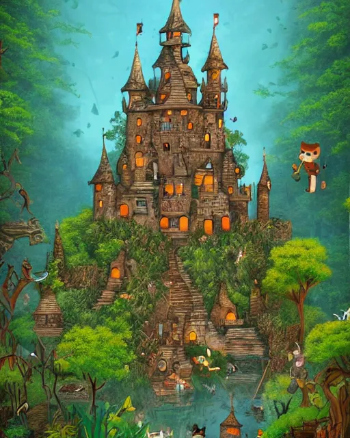 Image similar to photo of a beautiful heavenly castle built with sticks and stones in the deep jungle, with a timberman and 100 cats, misty godrays