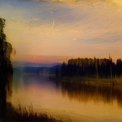 Prompt: a landscape of a lake and trees, by Isaac Levitan, J.M.W Turner, scenic, dusk, high textures, reflections, atmospheric, blue water, dramatic