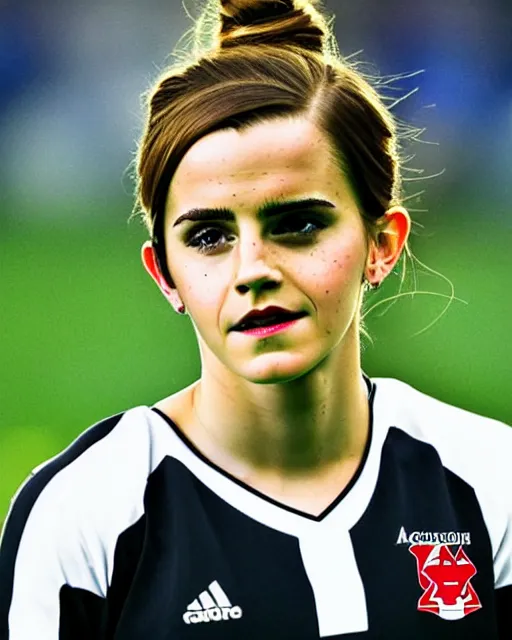 Image similar to a portrait of emma watson as a lokomotiv football player, hyper realistic