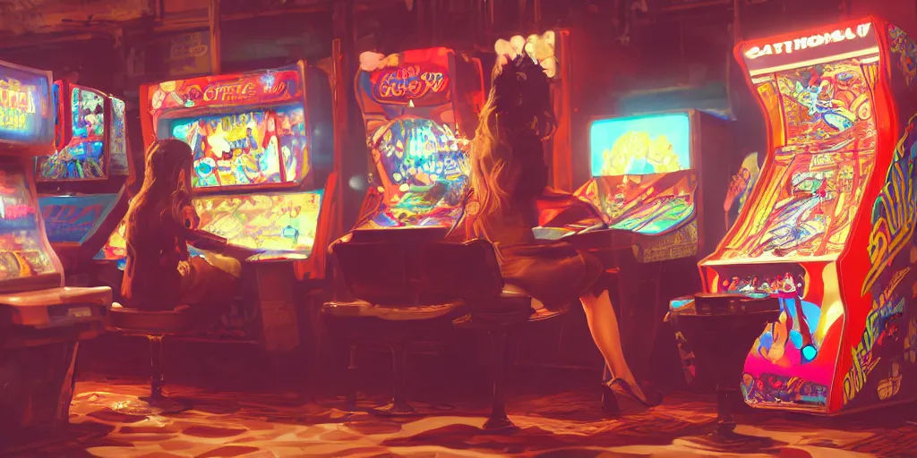Image similar to an environmental concept art of a stylish woman playing an arcade machine in a cluttered arcade, highly detailed, environmental light, cinematic by francis tneh