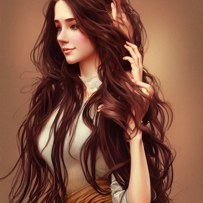 Prompt: woman with long brown hair wearing a blouse and jeans, highly detailed, digital painting, artstation, concept art, smooth, sharp focus, illustration, art by artgerm and alphonse mucha