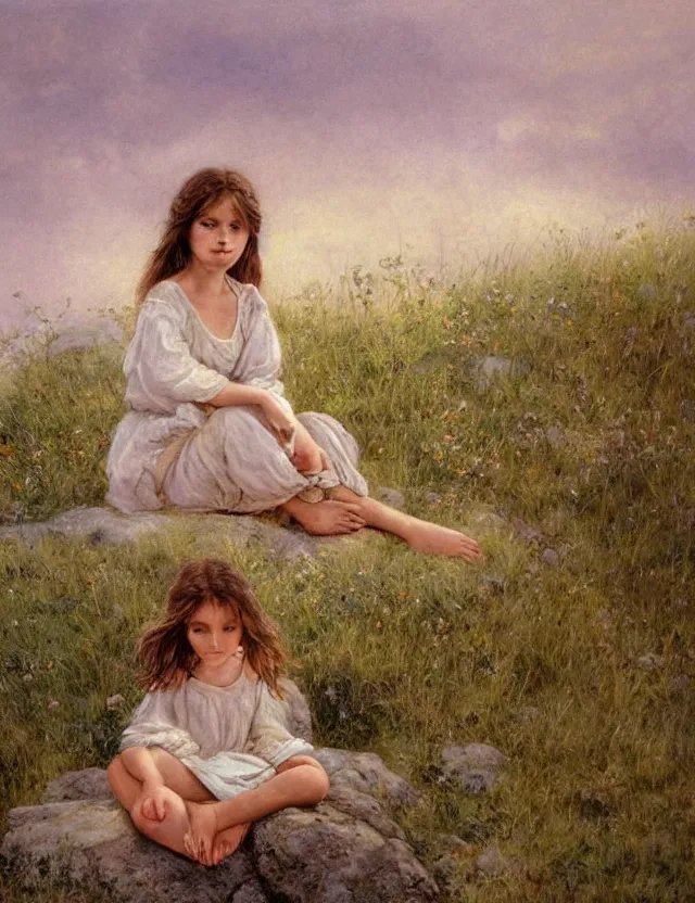 Image similar to peasant barefoot girl with long blowing windy hair sitting on the edge of rock, cottage core, cinematic focus, polaroid photo bleached vintage pastel colors high - key lighting, soft lights, foggy, by steve hanks, by lisa yuskavage, by serov valentin, by tarkovsky, 8 k render, detailed, oil on canvas