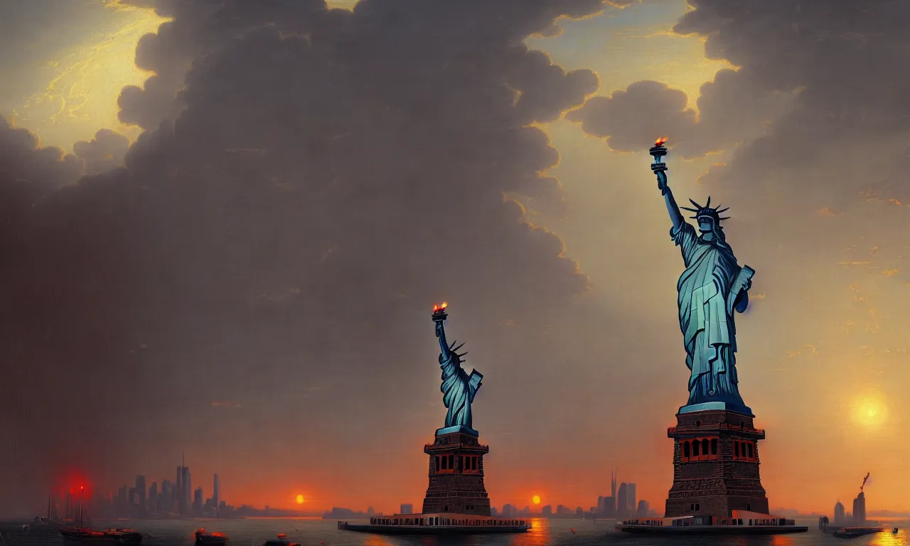 Image similar to statue of liberty with a cycloptic robot head looking over the harbor, by asher brown durand, trending on artstation, 8 k resolution, red lights, cyberpunk, demonic symbols