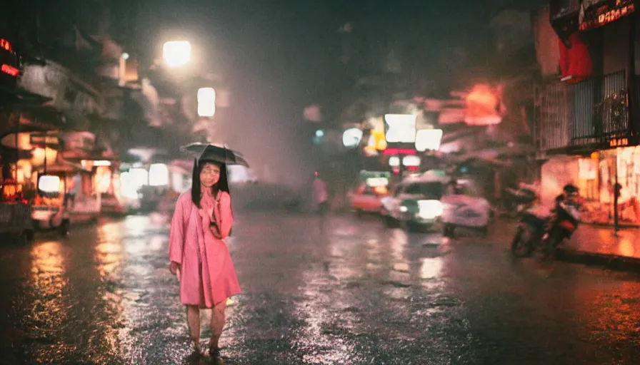 Prompt: street of hanoi, photography, night, rain, mist, a girl with pink hair, cinestill 8 0 0 t, in the style of william eggleston