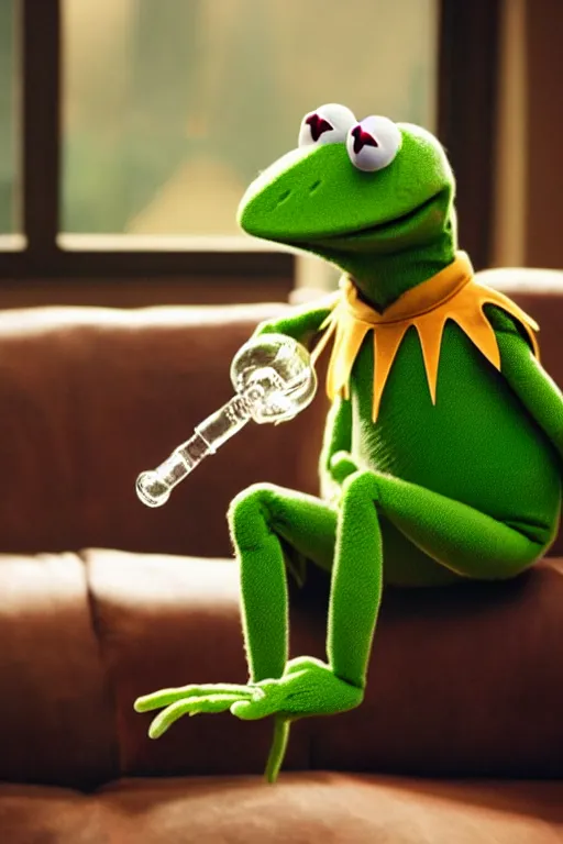 Image similar to candid photo of kermit the frog sitting on the couch hitting a bong, kermit the frog in ted ( 2 0 1 2 ) bong scene, kermit the frog using a bong, kermit smoking weed, bong rip, high resolution photo, trending on artstation, interior design,