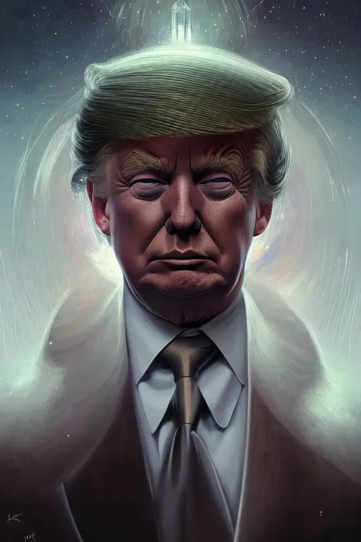 Image similar to a portrait of intergalactic donald trump, grim - lighting, high - contrast, intricate, elegant, highly detailed, centered, digital painting, artstation, concept art, smooth, sharp focus, illustration, artgerm, tomasz alen kopera, peter mohrbacher, donato giancola, joseph christian leyendecker, wlop, boris vallejo