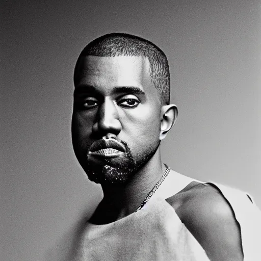 Image similar to a chiaroscuro lighting portrait of kanye west dressed as rick owens, black background, portrait by julia margaret cameron, shallow depth of field, 8 0 mm, f 1. 8