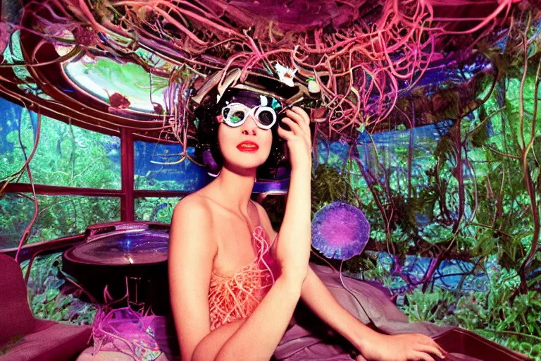 Prompt: closeup view of a mature female jellyfish human hybrid wearing discowear and visor shades, inside of an unlit 1950s luxury treehouse overflowing with vegetation with a soviet computer console and a single transparent wall that displays a scene of an NewYork subway station that is underwater, ektachrome photograph, volumetric lighting, 35mm f8 aperture