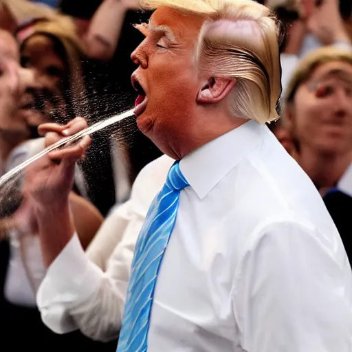 Image similar to donald j. trump spraying chocolate pudding from his mouth onto liberals