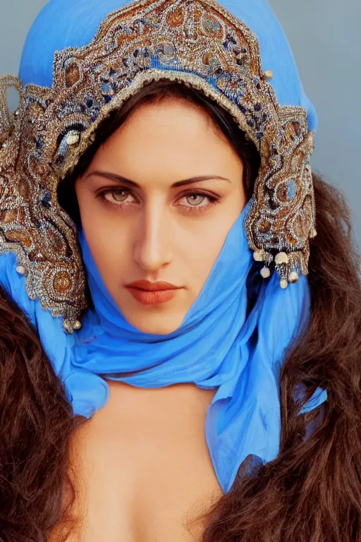 Image similar to young Monica Belluci as an Arab woman, tanned skintone, bright blue eyes, white transparent veil, headscarf, model face, light blue decent dress, closeup portrait, focus