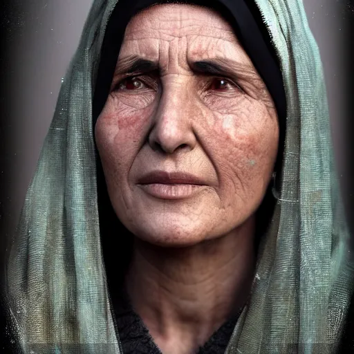 Image similar to hyperrealistic mixed media high resolution image of a beautiful Kurdish grandmother, stunning 3d render inspired art by István Sándorfi and Greg Rutkowski and Unreal Engine, perfect symmetry, dim volumetric lighting, 8k octane beautifully detailed render, post-processing, extremely hyper-detailed, intricate, epic composition, highly detailed attributes, highly detailed atmosphere, full body shot, cinematic lighting, masterpiece, trending on artstation, very very detailed, masterpiece, stunning, flawless structure, lifelike texture, perfection,